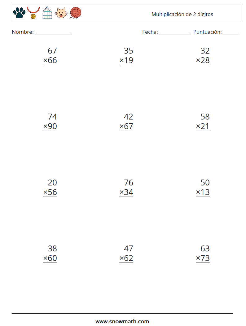 (12) Multiplicación de 2 dígitos Hojas de trabajo de matemáticas 16