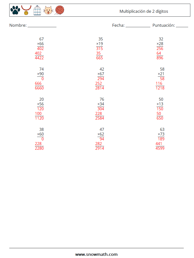 (12) Multiplicación de 2 dígitos Hojas de trabajo de matemáticas 16 Pregunta, respuesta