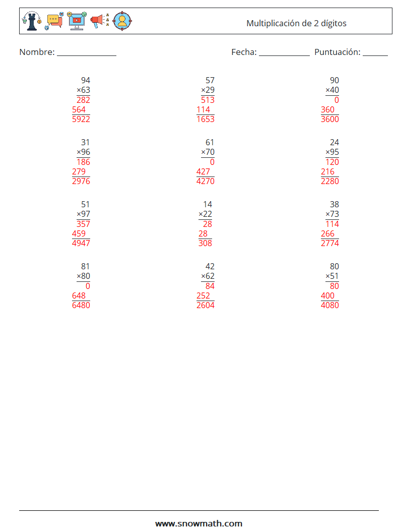 (12) Multiplicación de 2 dígitos Hojas de trabajo de matemáticas 17 Pregunta, respuesta