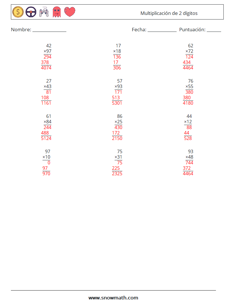 (12) Multiplicación de 2 dígitos Hojas de trabajo de matemáticas 18 Pregunta, respuesta