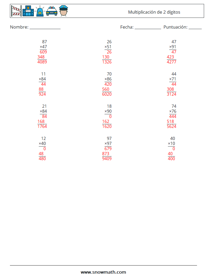 (12) Multiplicación de 2 dígitos Hojas de trabajo de matemáticas 1 Pregunta, respuesta