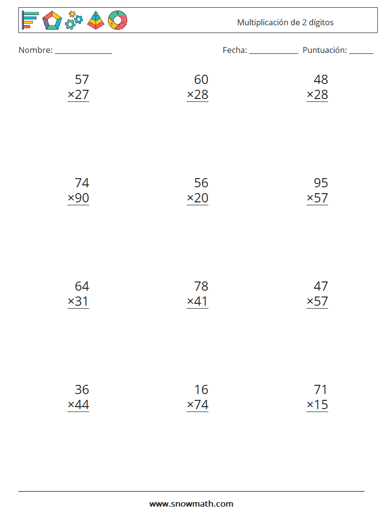 (12) Multiplicación de 2 dígitos Hojas de trabajo de matemáticas 2