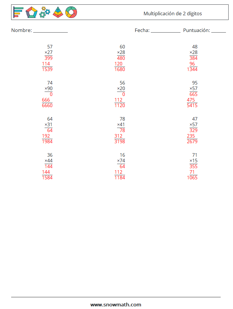 (12) Multiplicación de 2 dígitos Hojas de trabajo de matemáticas 2 Pregunta, respuesta