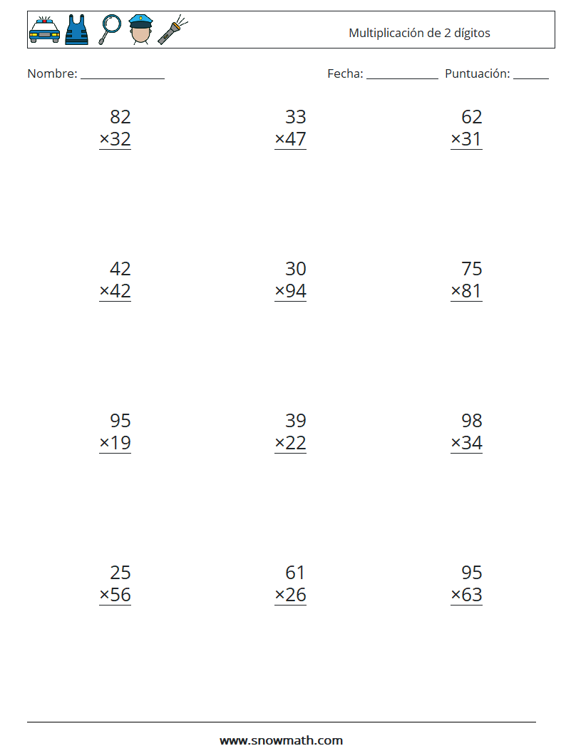 (12) Multiplicación de 2 dígitos Hojas de trabajo de matemáticas 3