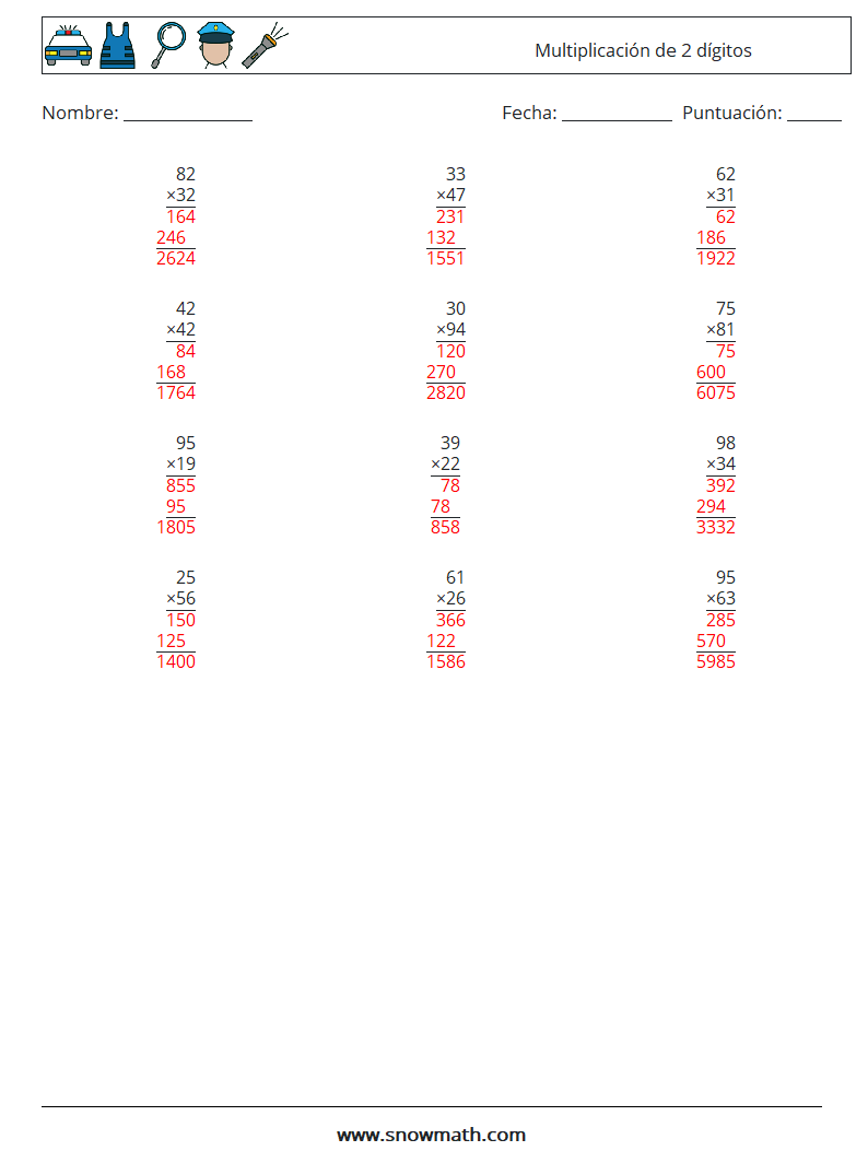 (12) Multiplicación de 2 dígitos Hojas de trabajo de matemáticas 3 Pregunta, respuesta