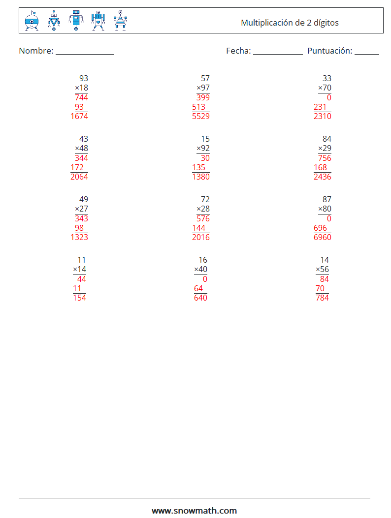 (12) Multiplicación de 2 dígitos Hojas de trabajo de matemáticas 5 Pregunta, respuesta