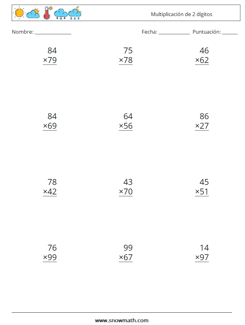 (12) Multiplicación de 2 dígitos Hojas de trabajo de matemáticas 6