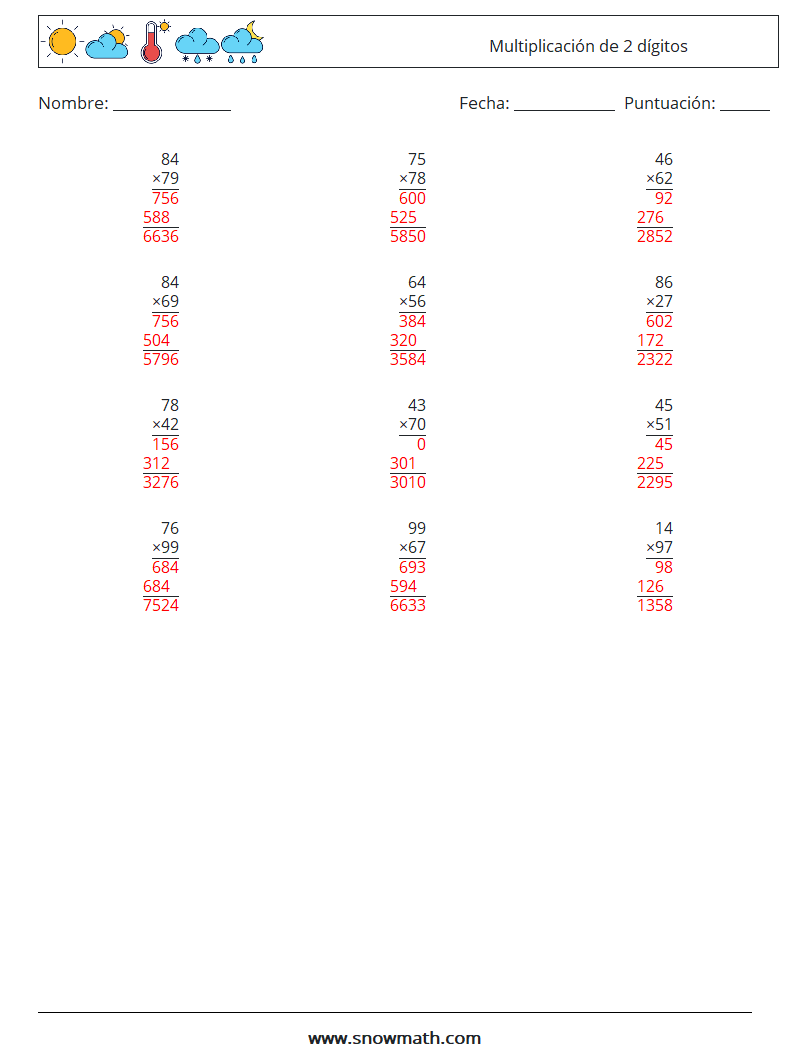 (12) Multiplicación de 2 dígitos Hojas de trabajo de matemáticas 6 Pregunta, respuesta