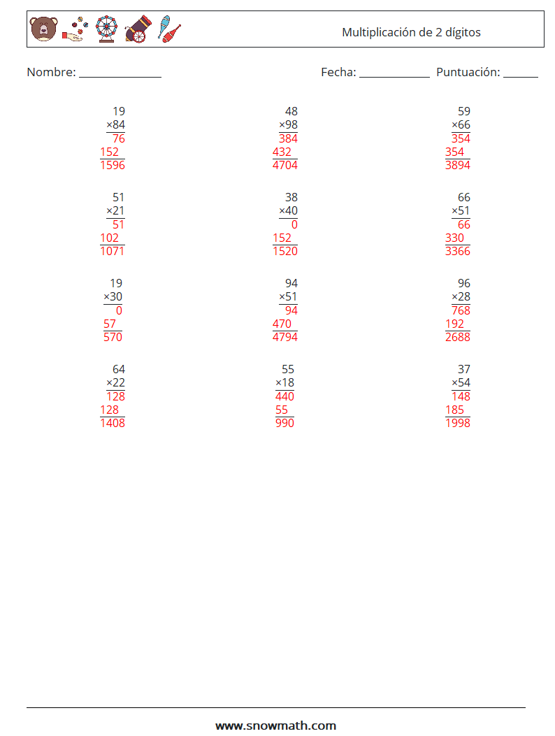 (12) Multiplicación de 2 dígitos Hojas de trabajo de matemáticas 7 Pregunta, respuesta