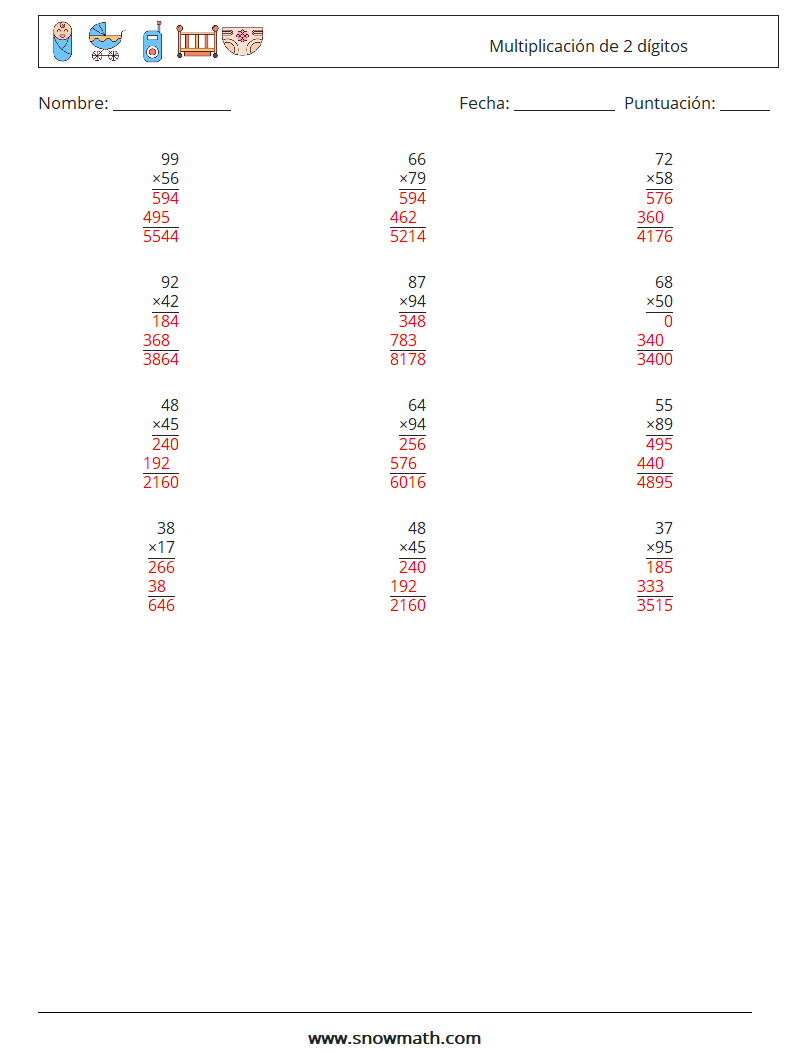 (12) Multiplicación de 2 dígitos Hojas de trabajo de matemáticas 8 Pregunta, respuesta