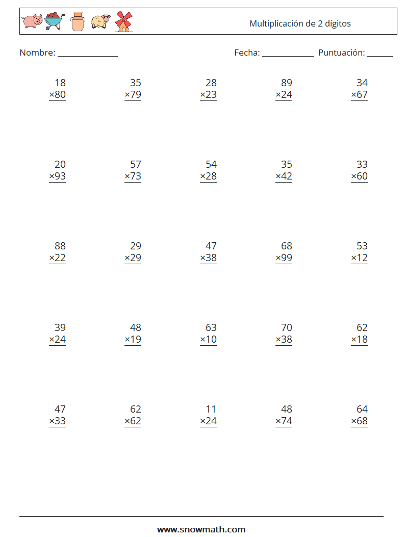 (25) Multiplicación de 2 dígitos Hojas de trabajo de matemáticas 10