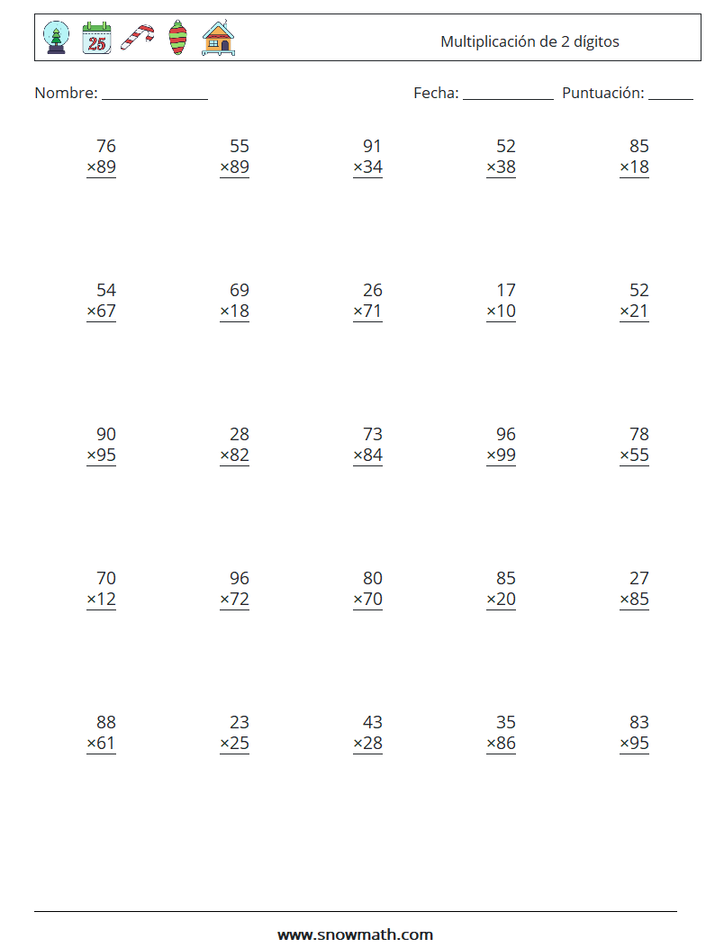 (25) Multiplicación de 2 dígitos Hojas de trabajo de matemáticas 12