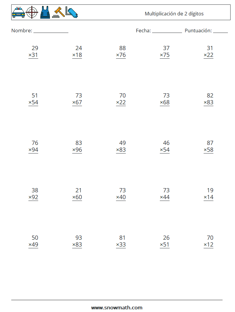 (25) Multiplicación de 2 dígitos Hojas de trabajo de matemáticas 13