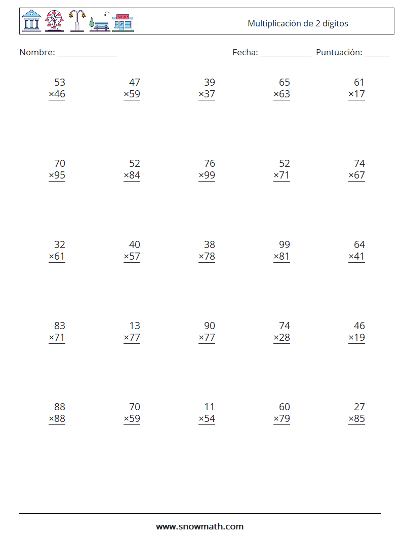 (25) Multiplicación de 2 dígitos Hojas de trabajo de matemáticas 14