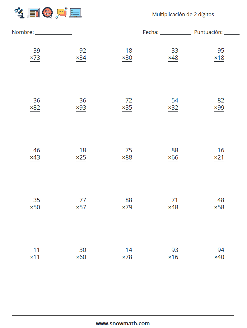 (25) Multiplicación de 2 dígitos Hojas de trabajo de matemáticas 15