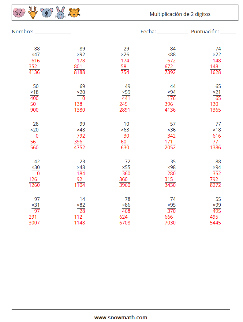 (25) Multiplicación de 2 dígitos Hojas de trabajo de matemáticas 1 Pregunta, respuesta