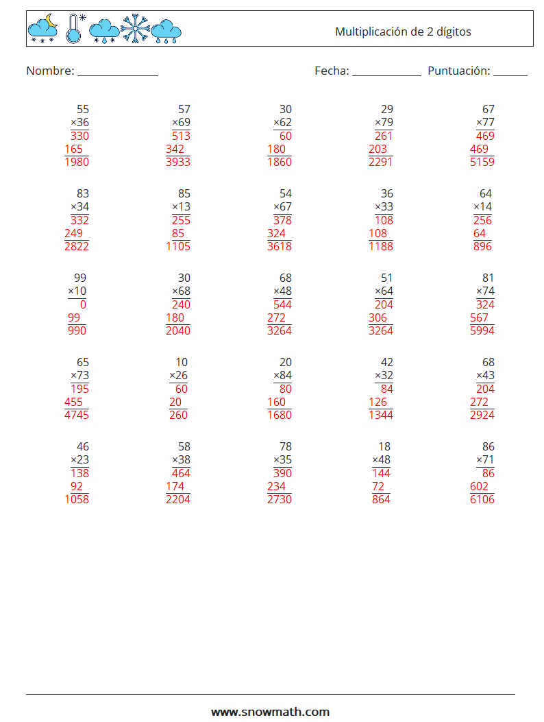 (25) Multiplicación de 2 dígitos Hojas de trabajo de matemáticas 2 Pregunta, respuesta