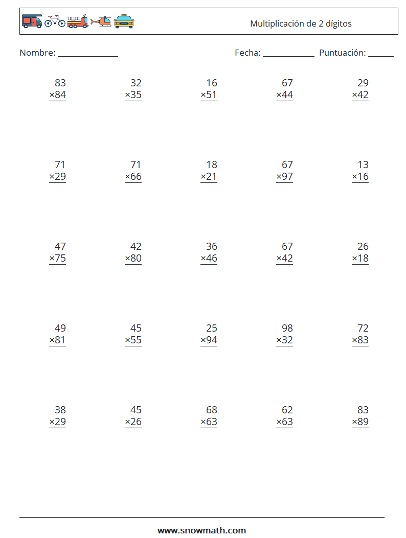 (25) Multiplicación de 2 dígitos Hojas de trabajo de matemáticas 3