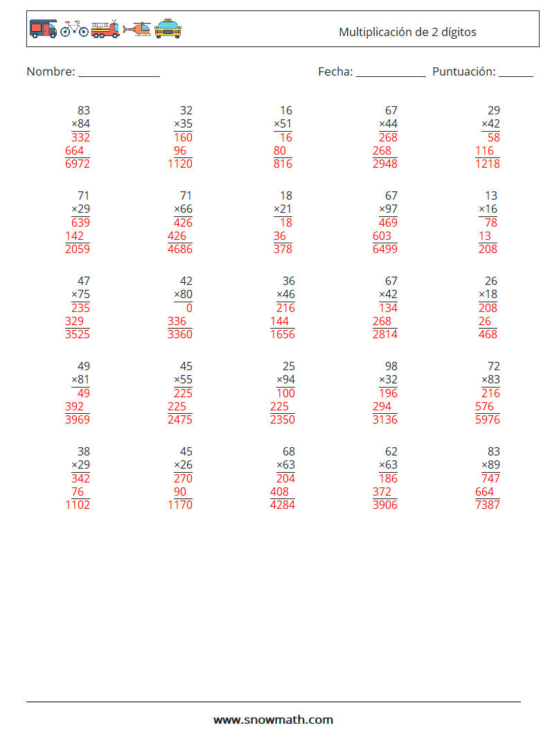 (25) Multiplicación de 2 dígitos Hojas de trabajo de matemáticas 3 Pregunta, respuesta