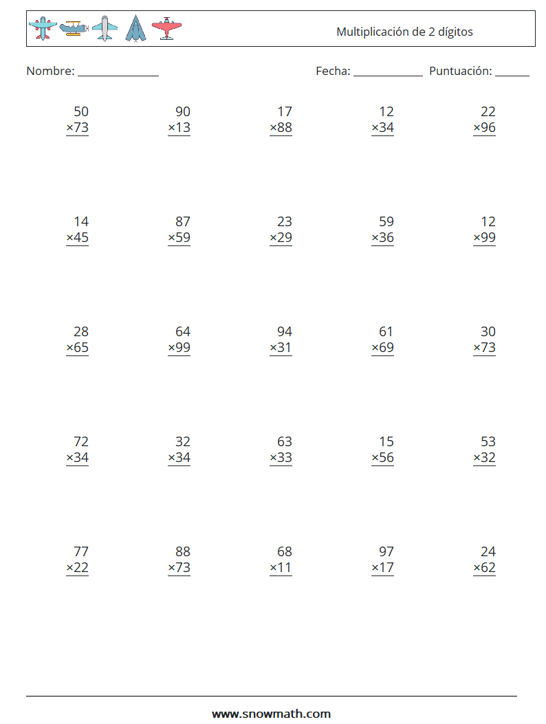 (25) Multiplicación de 2 dígitos Hojas de trabajo de matemáticas 4