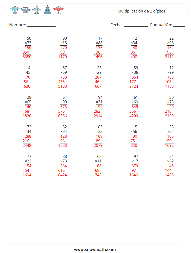 (25) Multiplicación de 2 dígitos Hojas de trabajo de matemáticas 4 Pregunta, respuesta