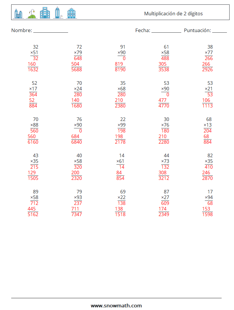 (25) Multiplicación de 2 dígitos Hojas de trabajo de matemáticas 5 Pregunta, respuesta