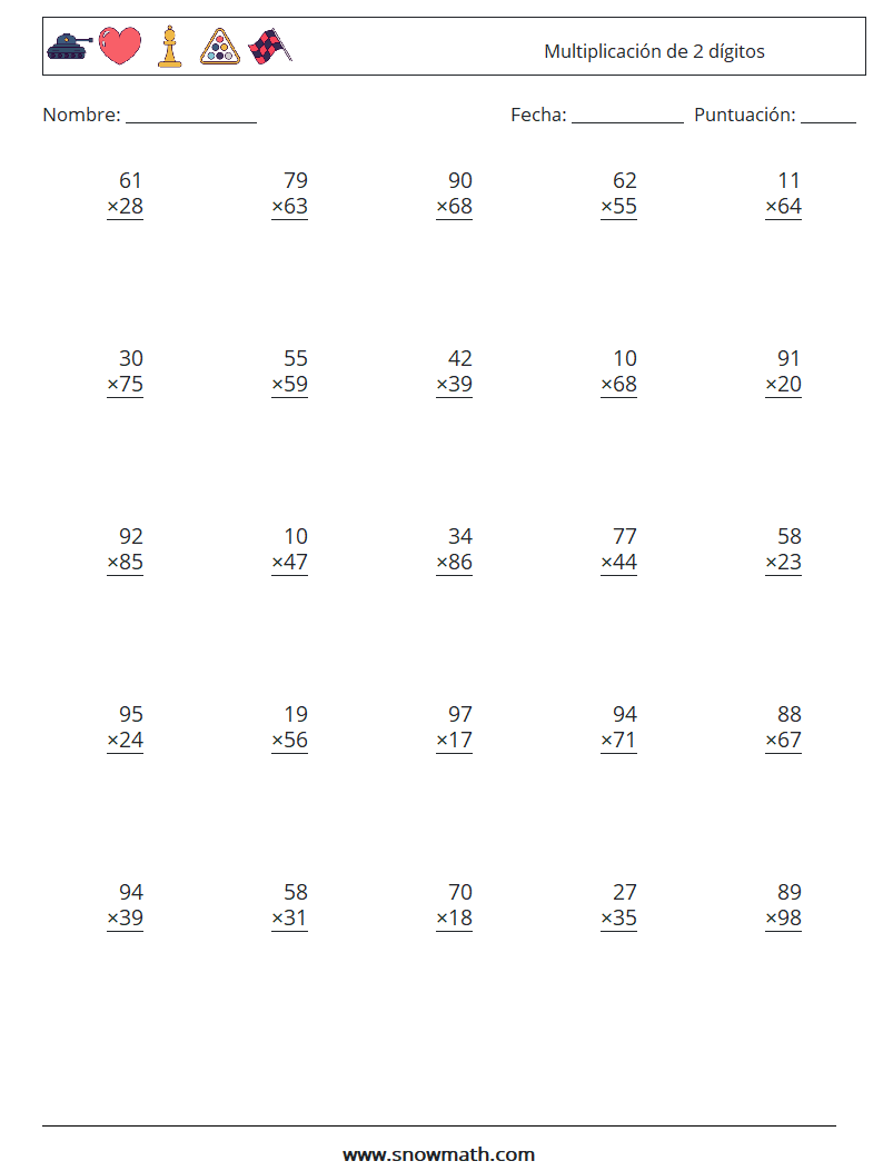 (25) Multiplicación de 2 dígitos Hojas de trabajo de matemáticas 6