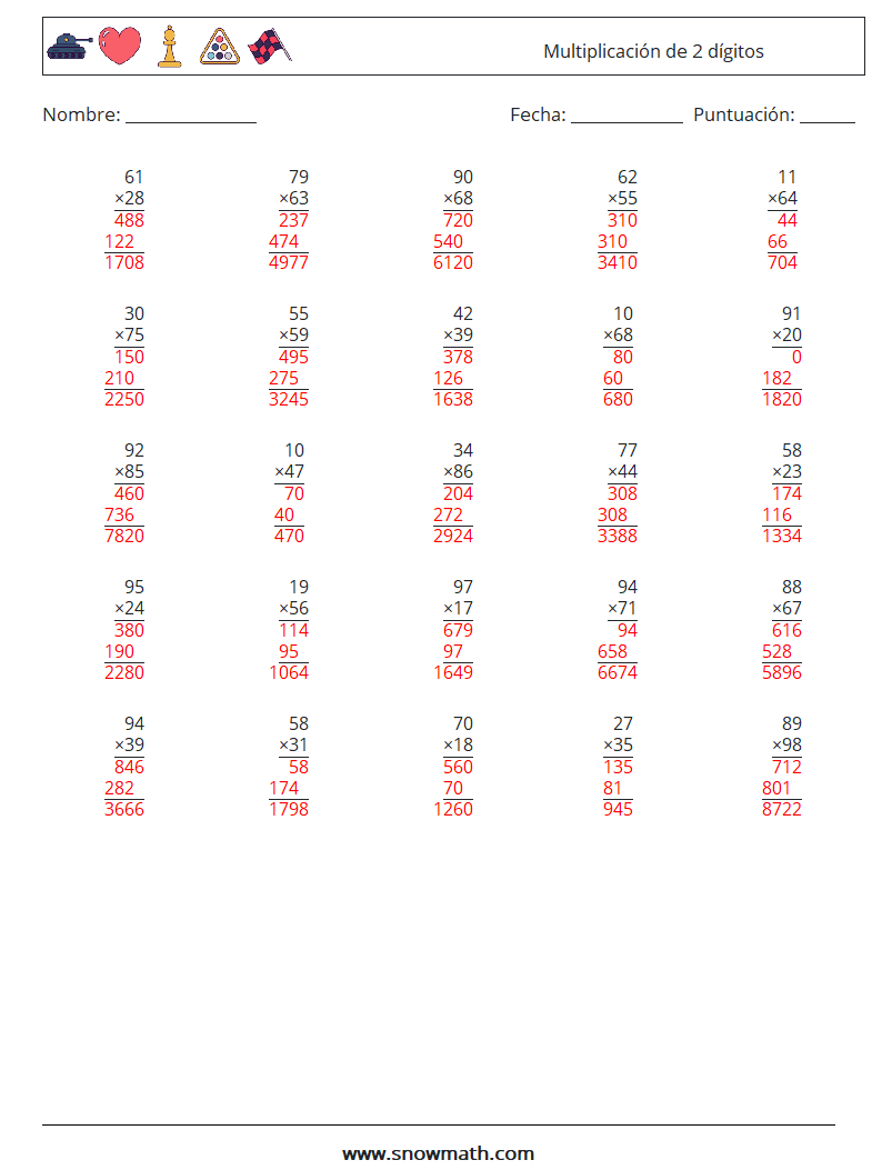 (25) Multiplicación de 2 dígitos Hojas de trabajo de matemáticas 6 Pregunta, respuesta