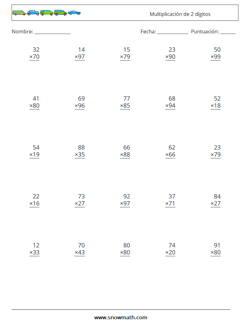 (25) Multiplicación de 2 dígitos Hojas de trabajo de matemáticas 7