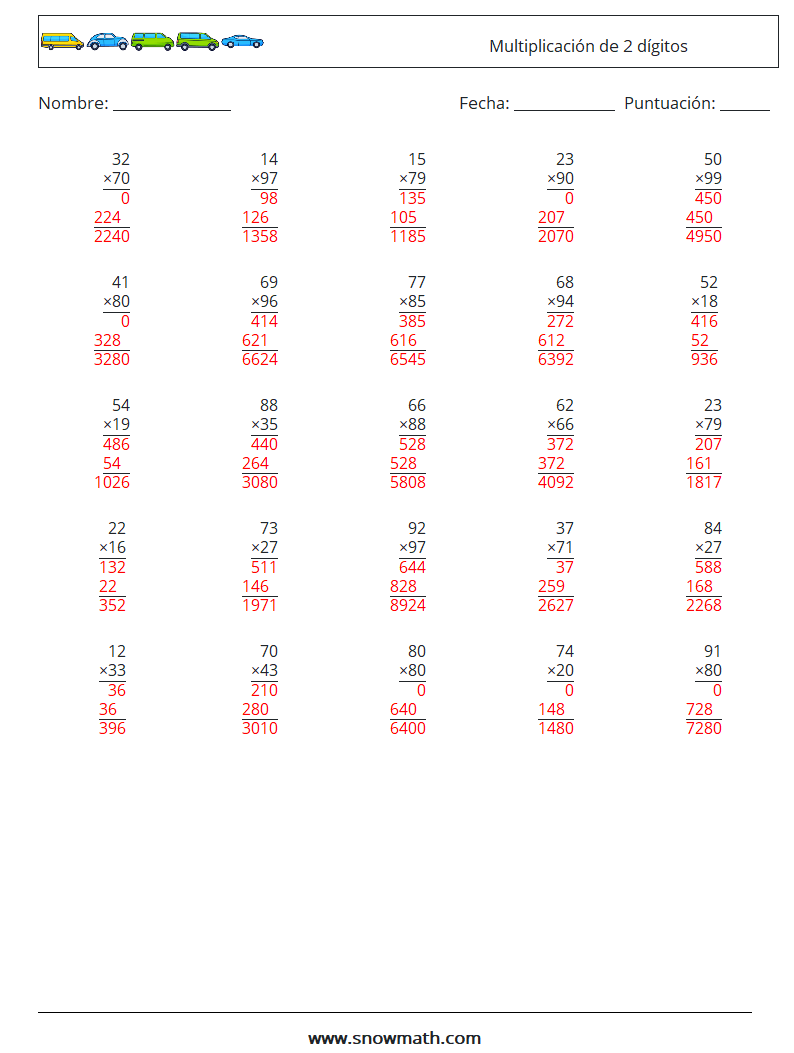 (25) Multiplicación de 2 dígitos Hojas de trabajo de matemáticas 7 Pregunta, respuesta