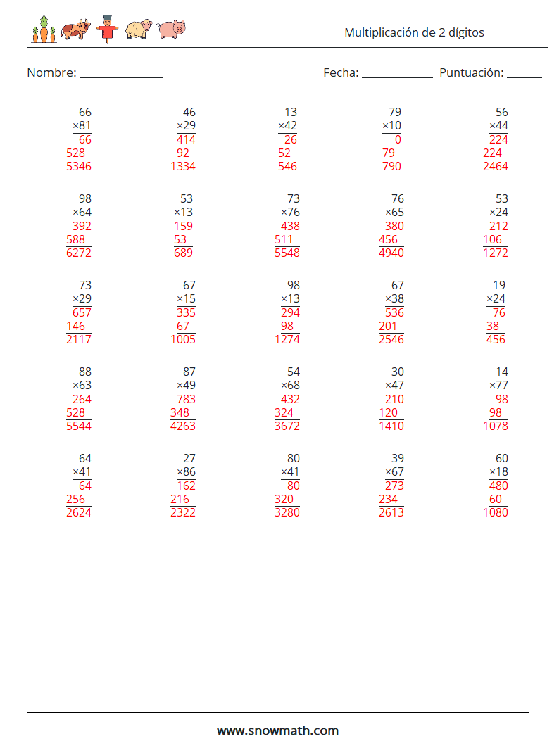 (25) Multiplicación de 2 dígitos Hojas de trabajo de matemáticas 8 Pregunta, respuesta