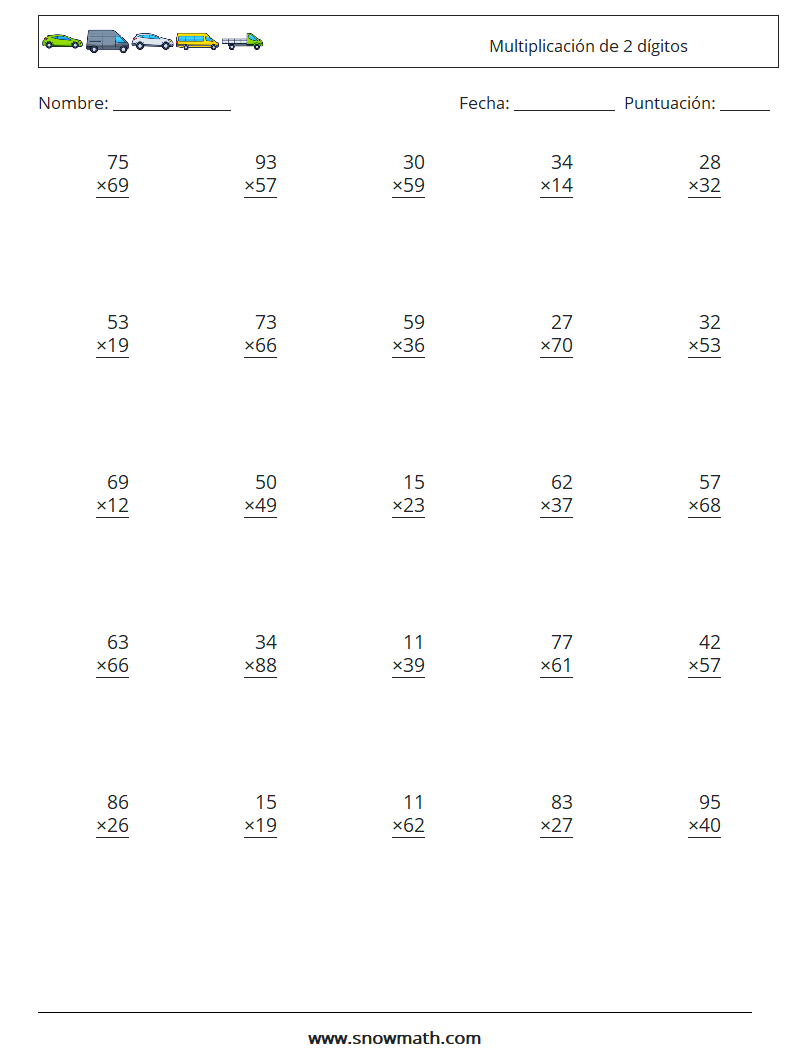 (25) Multiplicación de 2 dígitos Hojas de trabajo de matemáticas 9