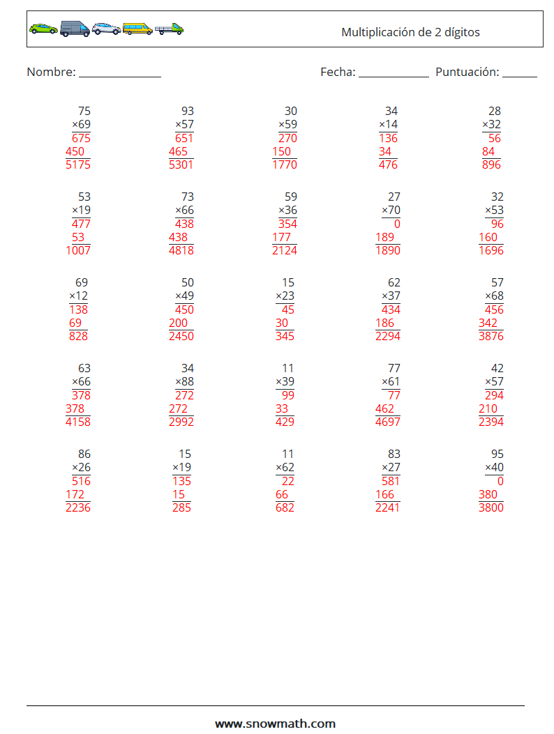 (25) Multiplicación de 2 dígitos Hojas de trabajo de matemáticas 9 Pregunta, respuesta