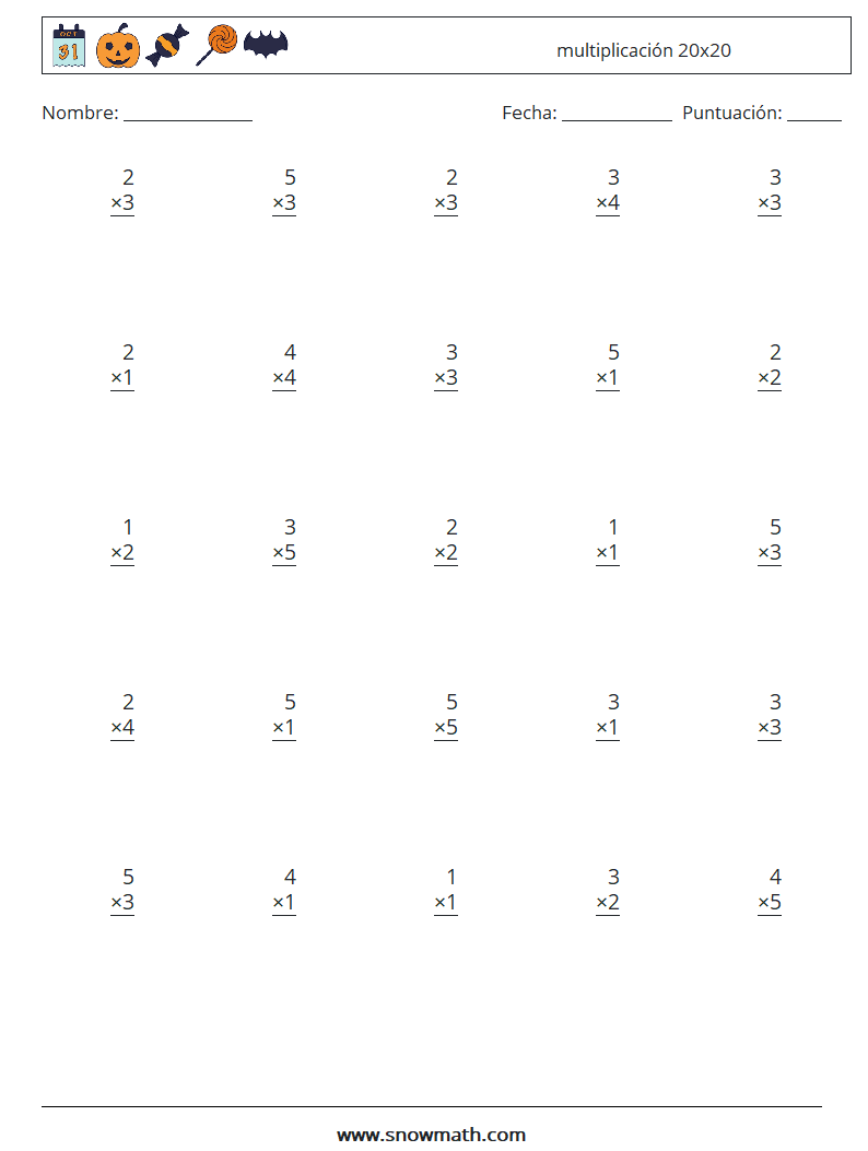 (25) multiplicación 20x20 Hojas de trabajo de matemáticas 1