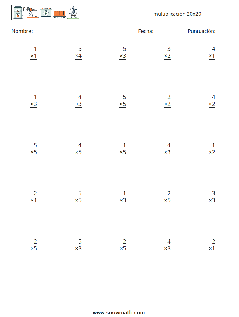 (25) multiplicación 20x20 Hojas de trabajo de matemáticas 10