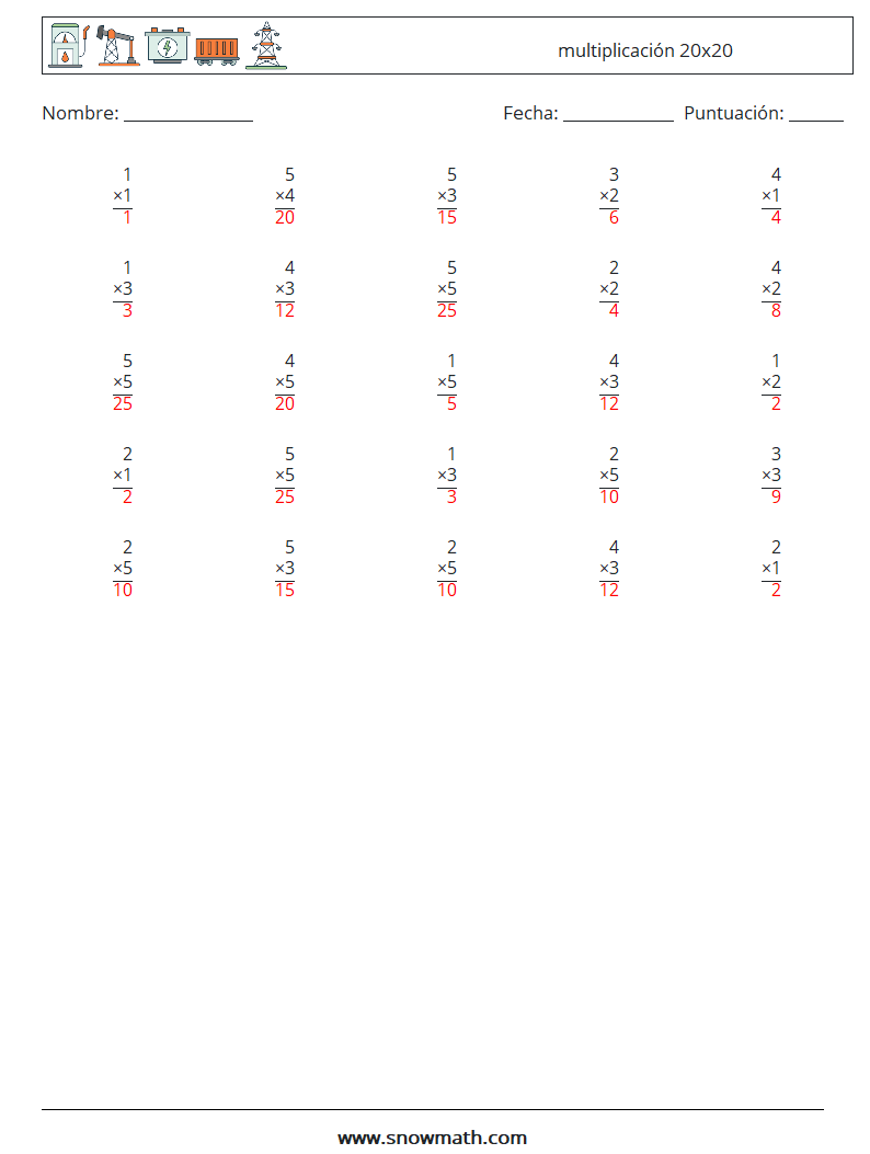 (25) multiplicación 20x20 Hojas de trabajo de matemáticas 10 Pregunta, respuesta