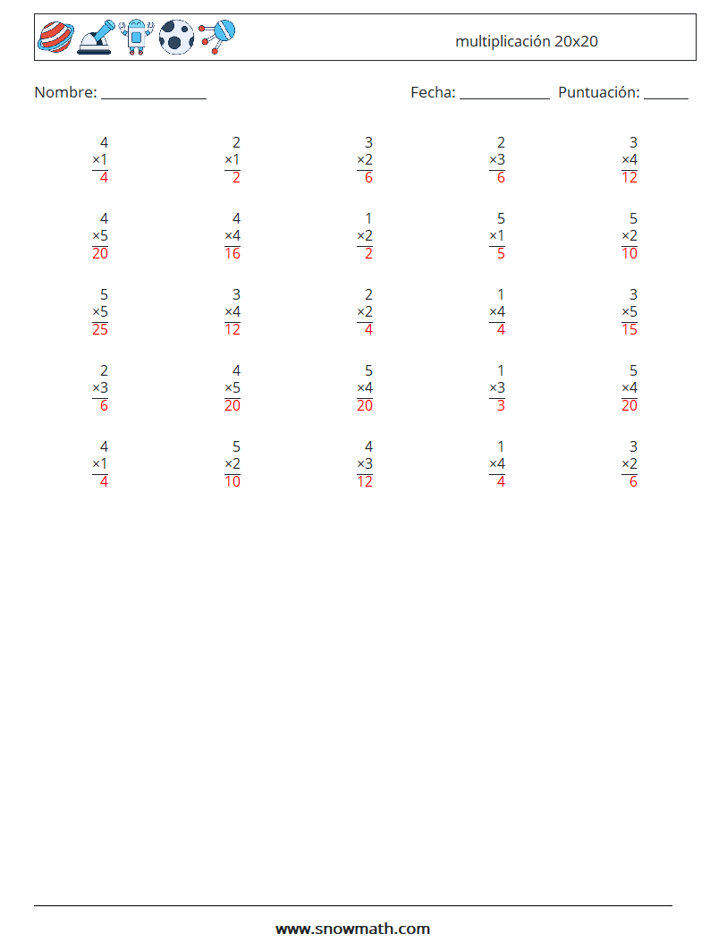 (25) multiplicación 20x20 Hojas de trabajo de matemáticas 11 Pregunta, respuesta