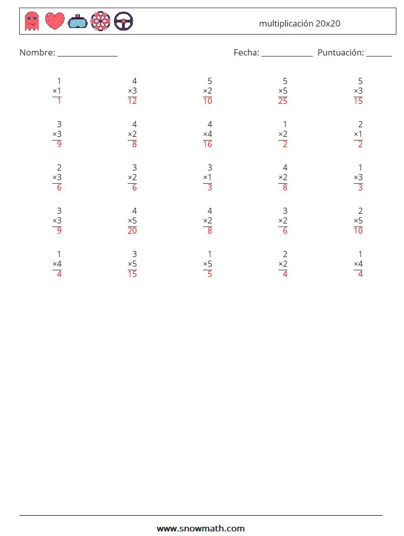 (25) multiplicación 20x20 Hojas de trabajo de matemáticas 12 Pregunta, respuesta