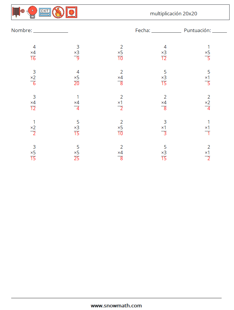 (25) multiplicación 20x20 Hojas de trabajo de matemáticas 13 Pregunta, respuesta