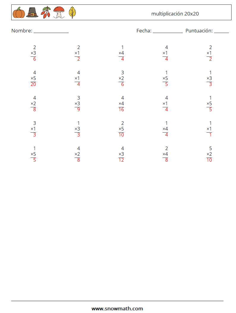 (25) multiplicación 20x20 Hojas de trabajo de matemáticas 14 Pregunta, respuesta