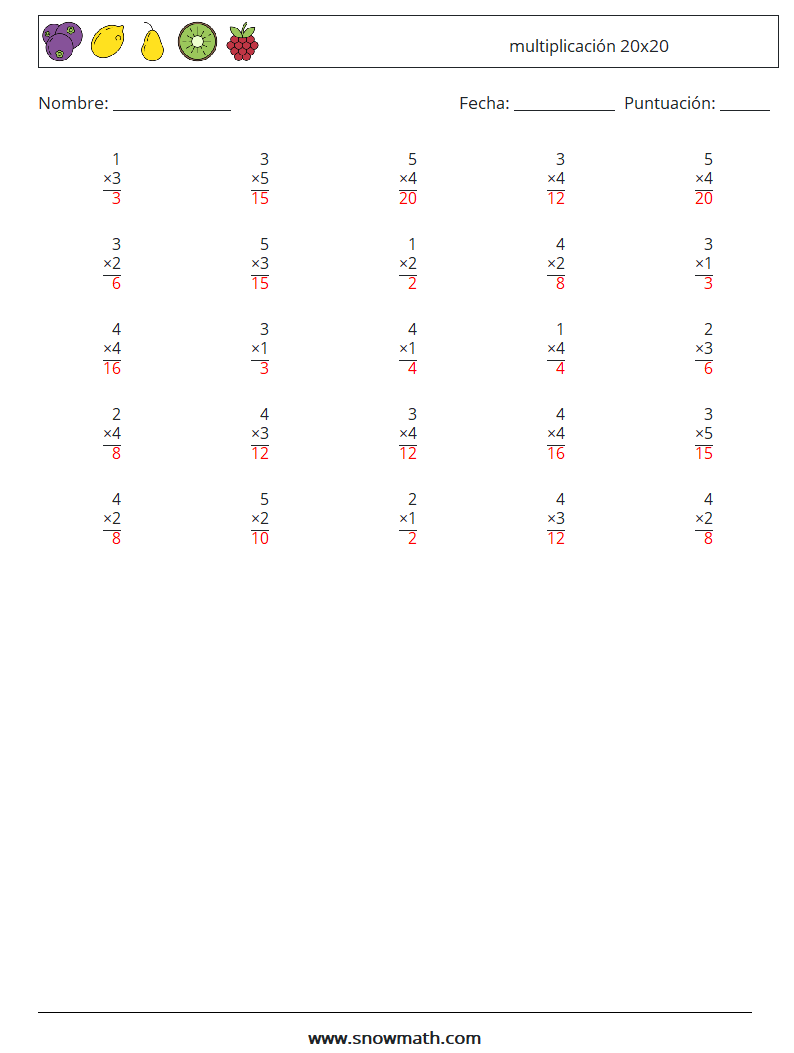 (25) multiplicación 20x20 Hojas de trabajo de matemáticas 15 Pregunta, respuesta