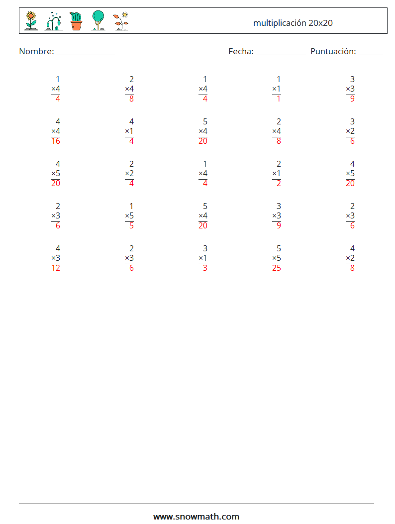 (25) multiplicación 20x20 Hojas de trabajo de matemáticas 16 Pregunta, respuesta