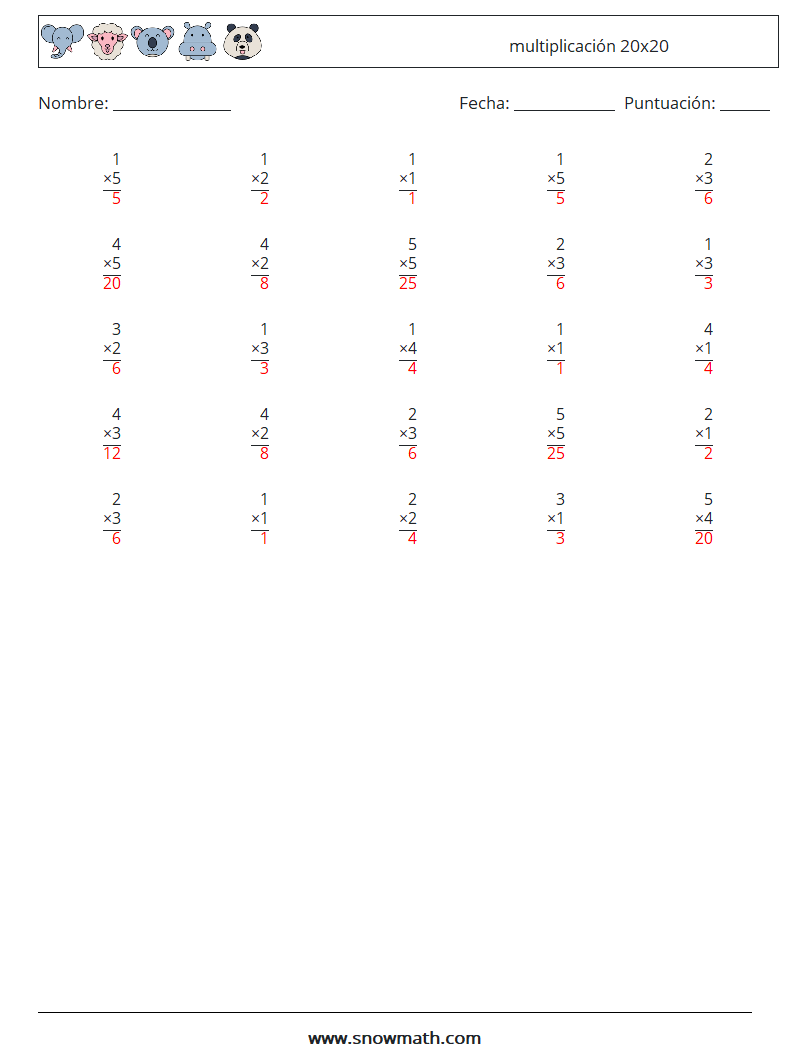 (25) multiplicación 20x20 Hojas de trabajo de matemáticas 17 Pregunta, respuesta