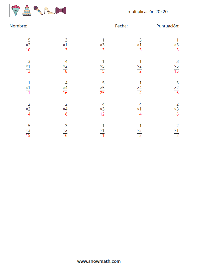 (25) multiplicación 20x20 Hojas de trabajo de matemáticas 18 Pregunta, respuesta