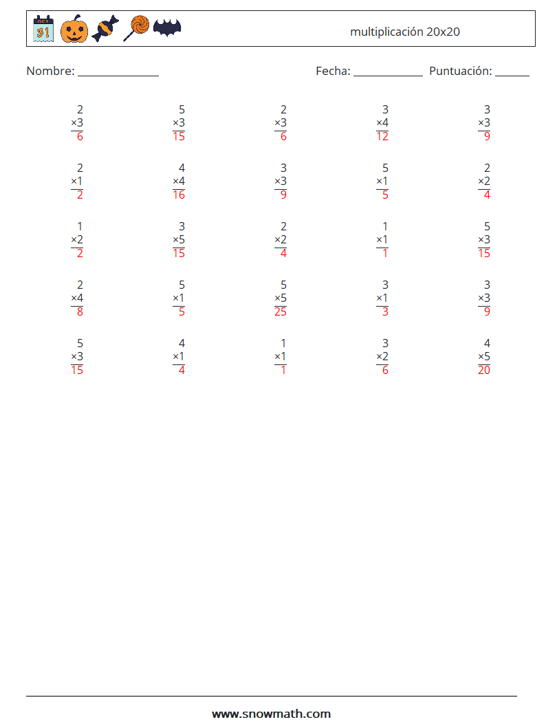 (25) multiplicación 20x20 Hojas de trabajo de matemáticas 1 Pregunta, respuesta