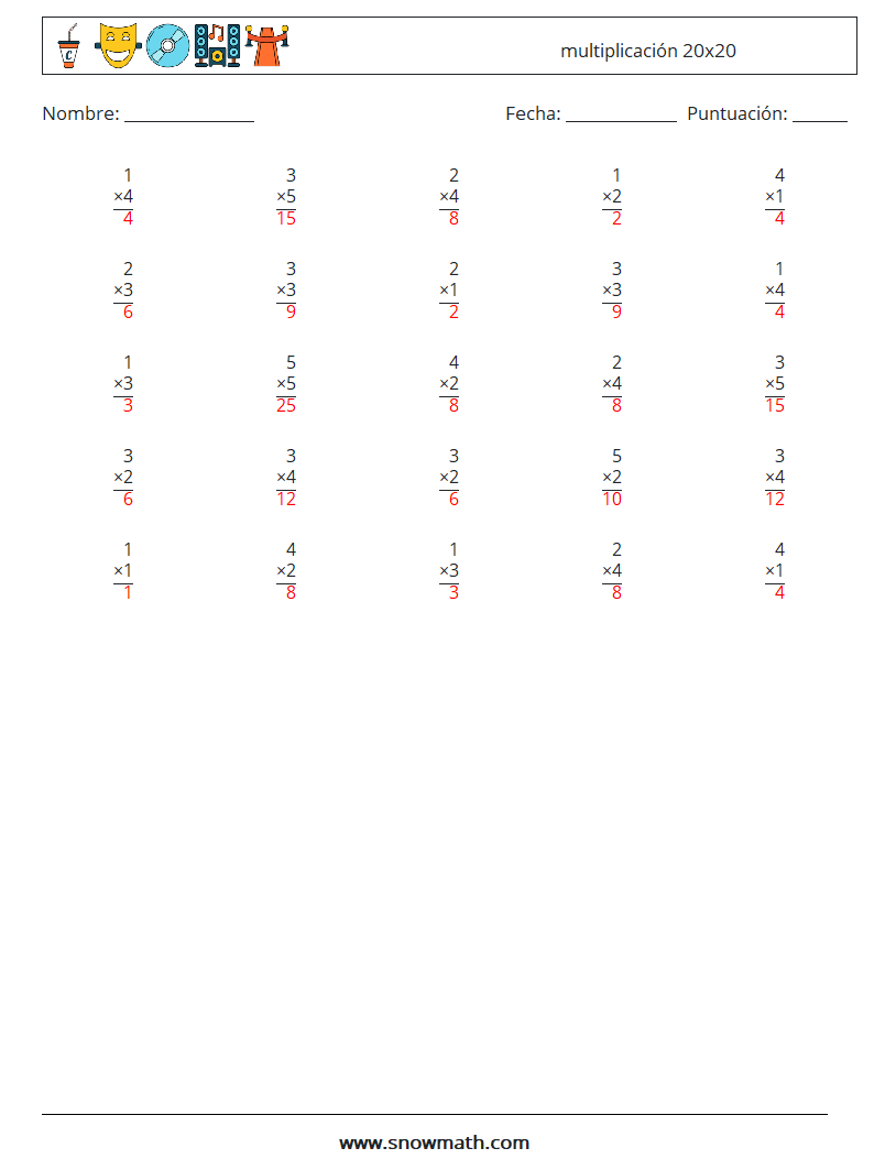 (25) multiplicación 20x20 Hojas de trabajo de matemáticas 2 Pregunta, respuesta