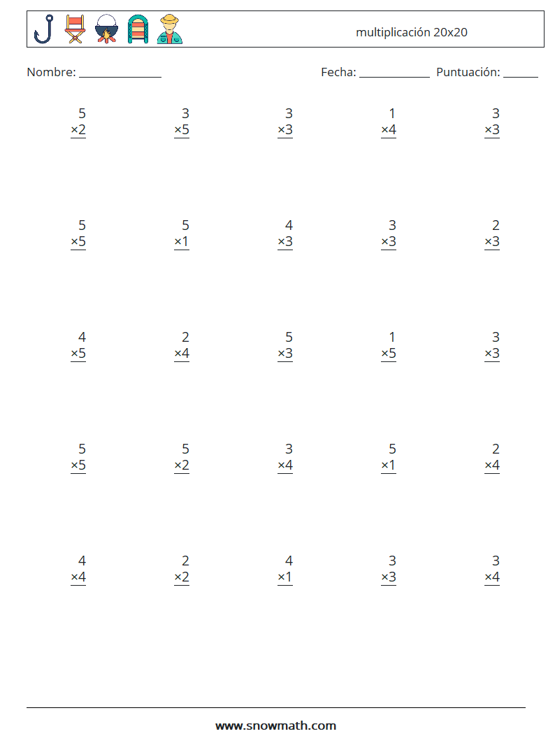 (25) multiplicación 20x20 Hojas de trabajo de matemáticas 3