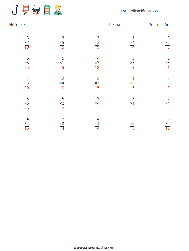 (25) multiplicación 20x20 Hojas de trabajo de matemáticas 3 Pregunta, respuesta