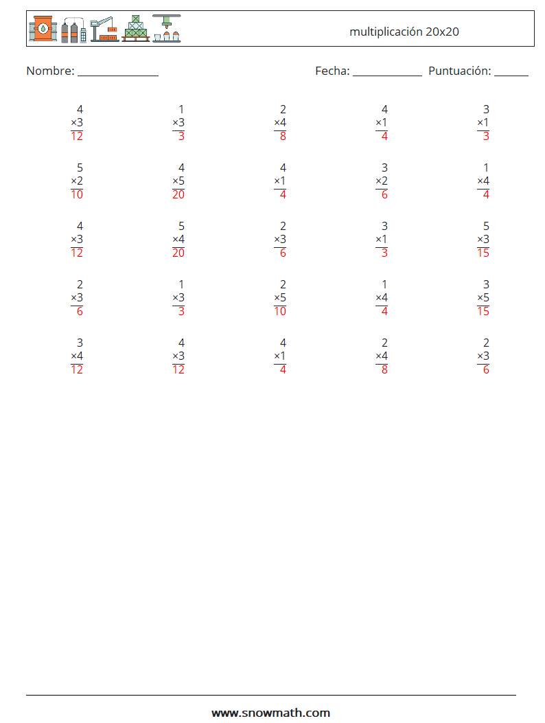 (25) multiplicación 20x20 Hojas de trabajo de matemáticas 4 Pregunta, respuesta