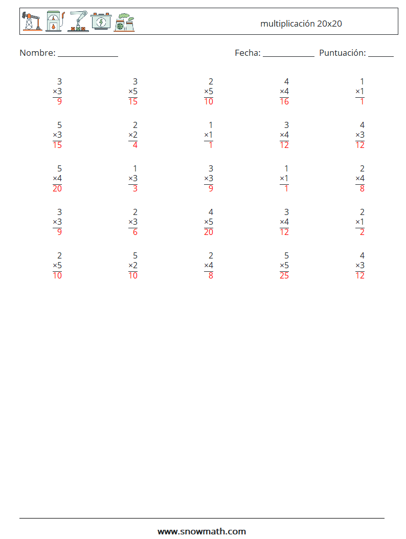 (25) multiplicación 20x20 Hojas de trabajo de matemáticas 6 Pregunta, respuesta